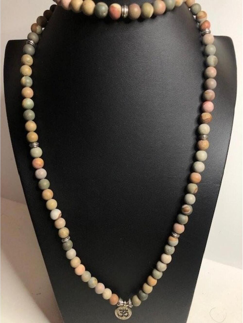 B1231 Matte Jasper Beaded Necklace Long Om Pendant Ohm charm Mala Prayer 36"